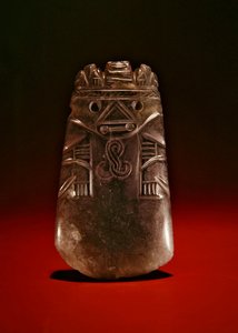 Figure celt with animal and birds on headdress, from Guacimo, Linea Vieja area by Pre Columbian Pre Columbian
